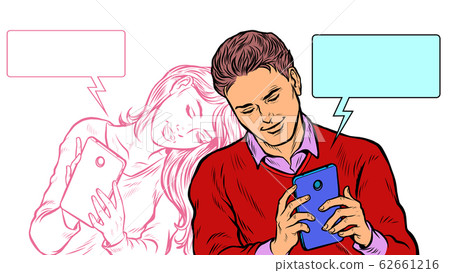 A couple in love, a young man and a girl are chatting on social networks by phone 62661216