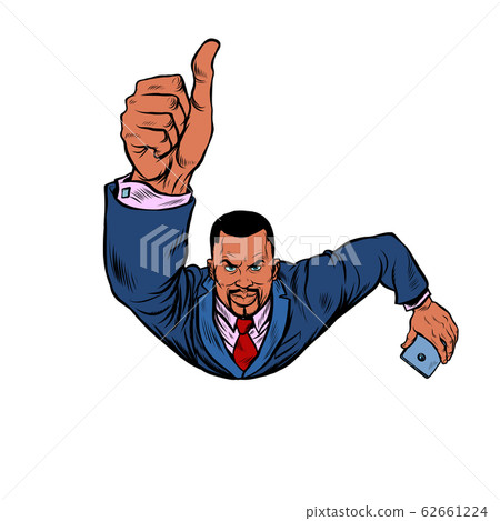 African businessman with a smartphone like, thumbs up. Flying like a superhero 62661224