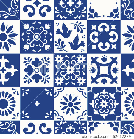 Mexican talavera seamless pattern. Ceramic tiles with flower, leaves and bird ornaments in traditional majolica style from Puebla. Mexico floral mosaic in classic blue and white. Folk art design. Mexican talavera seamless pattern. Ceramic tiles with flower, leaves and bird ornaments in traditional majolica style from Puebla. Mexico floral mosaic in classic blue and white. Folk art design. 62662289
