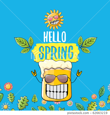 Hello spring concept illustration with vector cartoon funky beer glass character, flowers, green leaves and spring orange sun character isolated on blue background. Hello spring concept illustration with vector cartoon funky beer glass character, flowers, green leaves and spring orange sun character isolated on blue background. 62663219