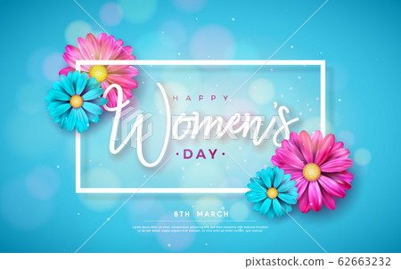 8 March. Happy Women's Day Floral Greeting card. International Holiday Illustration with Flower and Typography Design on Blue Background. Vector Spring Celebration Template. 8 March. Happy Women's Day Floral Greeting card. International Holiday Illustration with Flower and Typography Design on Blue Background. Vector Spring Celebration Template. 62663232