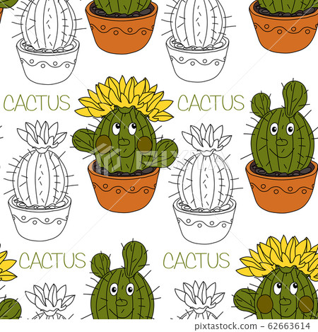 Seamless pattern with cactus and succulents in the pots. Hand drawn background. Vector illustration Seamless pattern with cactus and succulents in the pots. Hand drawn background. Vector illustration 62663614