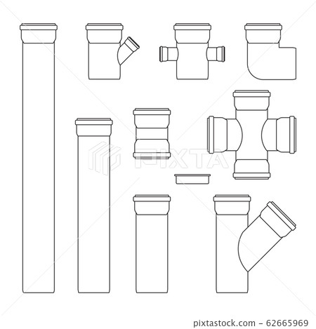 Plastic tubes. Sewer pipe connectors. Outline icons Plastic tubes. Sewer pipe connectors. Outline icons 62665969