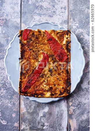 coca de recapte, typical catalan savory cake coca de recapte, typical catalan savory cake 62665970