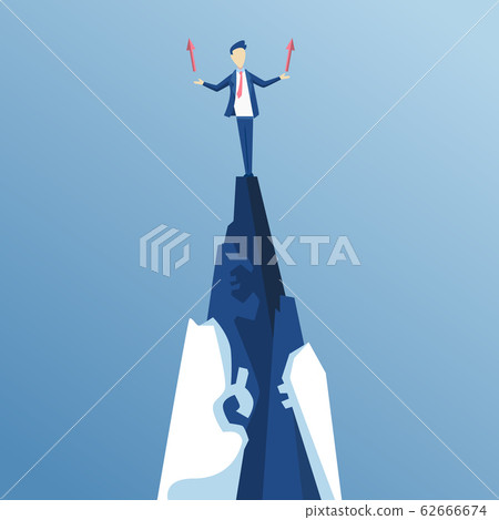 Businessman first reached the summit of the mountain. Business people reached his goal. Business concept win and competition. Leads to success. 62666674