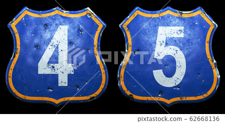 Set of Public road signs in blue and orange color with a capitol white numbers 4, 5 in the center isolated black background. 3d Set of Public road signs in blue and orange color with a capitol white numbers 4, 5 in the center isolated black background. 3d 62668136