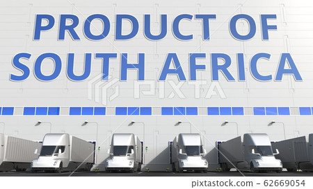 Modern semi-trailer trucks at warehouse loading dock with PRODUCT OF SOUTH AFRICA text. logistics related 3D rendering 62669054