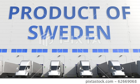 Trailer trucks at warehouse loading dock with PRODUCT OF SWEDEN text. Swedish logistics related 3D rendering Trailer trucks at warehouse loading dock with PRODUCT OF SWEDEN text. Swedish logistics related 3D rendering 62669068