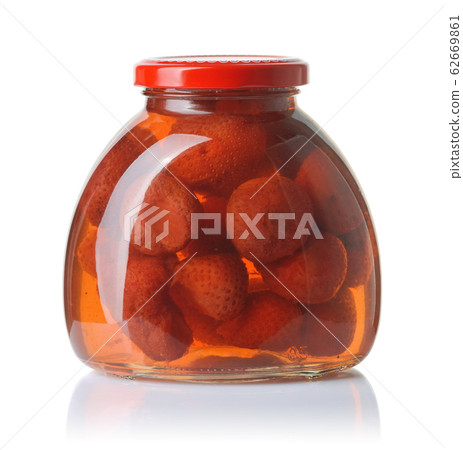 Front view of strawberry compote jar 62669861
