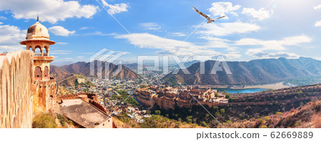 Panoramic view of the Amber Fort, Maotha Lake and Panoramic view of the Amber Fort, Maotha Lake and 62669889