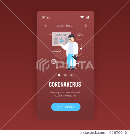 doctor pointing at medical board with coronavirus symptoms epidemic MERS-CoV virus wuhan 2019-nCoV smartphone screen mobile app full length copy space 62670040