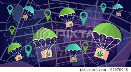 cannabis parcel boxes falling down with parachute from sky marijuana air mail express delivery drug consumption concept city map with location geo tags flat horizontal vector illustration 62670048