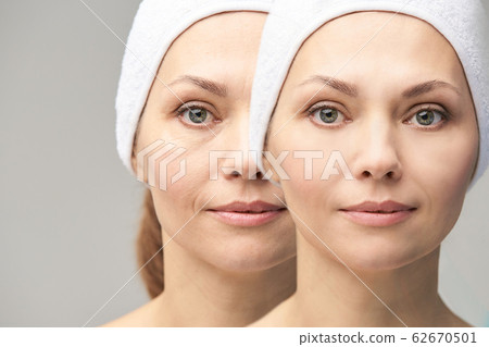 Pretty mature girl. Before and after portrait. 62670501