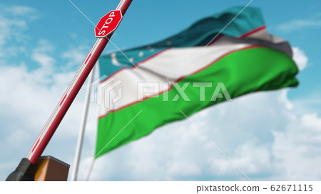 Open boom gate on the Uzbek flag background. Free entry or lifting a ban in Uzbekistan. 3D rendering Open boom gate on the Uzbek flag background. Free entry or lifting a ban in Uzbekistan. 3D rendering 62671115