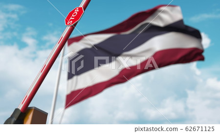 Opening boom barrier with stop sign against the Thai flag. Free border crossing or lifting a ban in Thailand. 3D rendering 62671125
