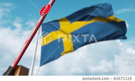 Opening boom barrier with stop sign against the Swedish flag. Free border crossing or lifting a ban in Sweden. 3D rendering 62671129