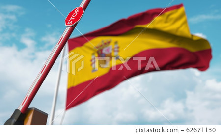 Barrier gate being opened with flag of Spain as a background. Spanish Free border crossing or lifting a ban. 3D rendering Barrier gate being opened with flag of Spain as a background. Spanish Free border crossing or lifting a ban. 3D rendering 62671130
