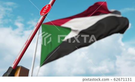Open boom gate on the Sudanian flag background. Free border crossing or lifting a ban in Sudan. 3D rendering 62671131