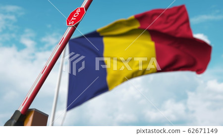 Open boom gate on the Romanian flag background. Free entry or lifting a ban in Romania. 3D rendering Open boom gate on the Romanian flag background. Free entry or lifting a ban in Romania. 3D rendering 62671149