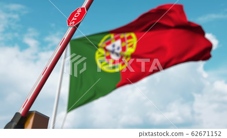 Open boom gate on the Portuguese flag background. Free entry or lifting a ban in Portugal. 3D rendering Open boom gate on the Portuguese flag background. Free entry or lifting a ban in Portugal. 3D rendering 62671152