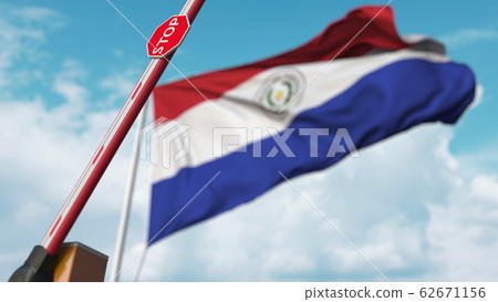 Barrier gate being opened with flag of Paraguay as a background. Paraguayan Free entry or lifting a ban. 3D rendering 62671156