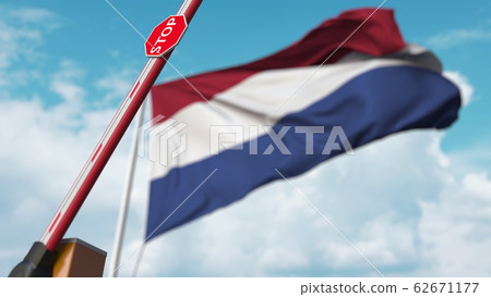 Opening boom barrier with stop sign against the Dutch flag. Free border crossing or lifting a ban in Netherlands. 3D rendering Opening boom barrier with stop sign against the Dutch flag. Free border crossing or lifting a ban in Netherlands. 3D rendering 62671177