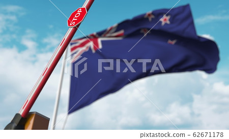 Opening boom barrier with stop sign against the flag. Free border crossing or lifting a ban in New Zealand. 3D rendering 62671178