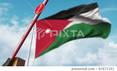 Barrier gate being opened with flag of Jordan as a background. Jordanian Free border crossing or lifting a ban. 3D rendering 62671191