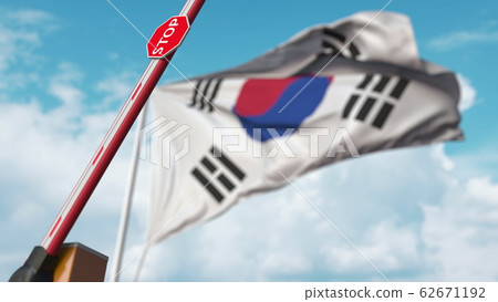 Open boom gate on the South Korean flag background. Free border crossing or lifting a ban in South Korea. 3D rendering Open boom gate on the South Korean flag background. Free border crossing or lifting a ban in South Korea. 3D rendering 62671192
