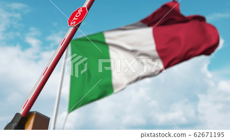Opening boom barrier with stop sign against the Italian flag. Free border crossing or lifting a ban in Italy. 3D rendering 62671195