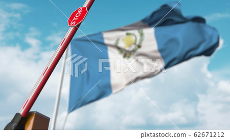 Barrier gate being opened with flag of Guatemala as a background. Guatemalan Free entry or lifting a ban. 3D rendering 62671212