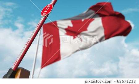 Opening boom barrier with stop sign against the Canadian flag. Free entry or lifting a ban in Canada. 3D rendering 62671238
