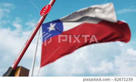 Barrier gate being opened with flag of Chile as a background. Chilean Free entry or lifting a ban. 3D rendering 62671239