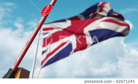 Barrier gate being opened with flag of the United Kingdom as a background. British free entry or lifting a ban. 3D rendering Barrier gate being opened with flag of the United Kingdom as a background. British free entry or lifting a ban. 3D rendering 62671245