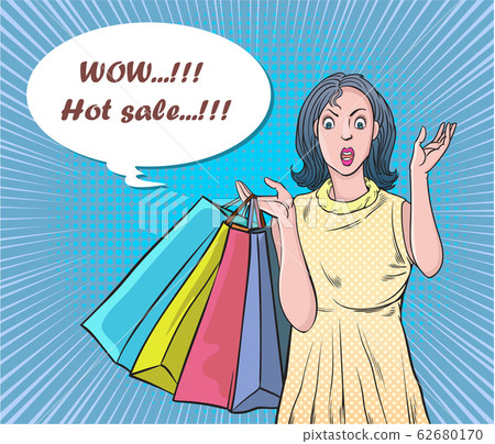 Pop art retro illustration Shopping for women, She is excited about the price reduction of the product 62680170