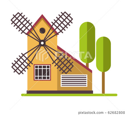 Windmill rural agicultural structure near trees at farm land 62682808