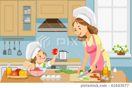 Mother and kid girl preparing healthy food at home together. Best mom ever. Mother and daughter cooking food together. Concept motherhood child-rearing. Vector illustration. 62683677
