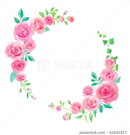 Roses and green round frame arrangement, watercolor illustration 62683857