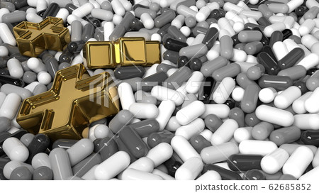 Heap of medicine tablets. Background made from pills or capsules in black and white colors with medical sign in shape of cross made by gold 62685852