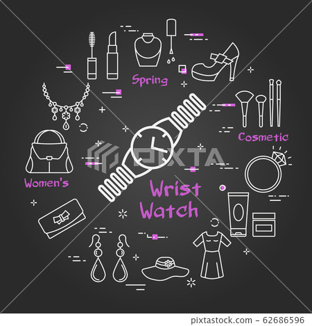 Woman Black Accessories Concept with Wrist Watch Icon Woman Black Accessories Concept with Wrist Watch Icon 62686596