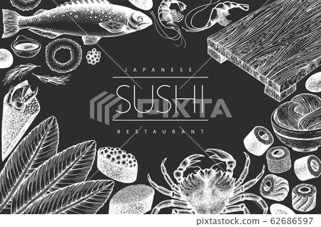 Japanese cuisine design template. Sushi hand drawn Japanese cuisine design template. Sushi hand drawn 62686597