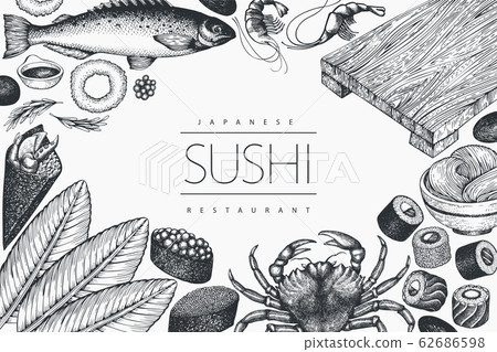 Japanese cuisine design template. Sushi hand drawn Japanese cuisine design template. Sushi hand drawn 62686598