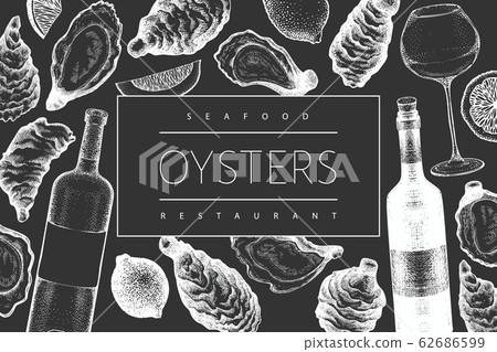 Oysters and wine design template. Hand drawn Oysters and wine design template. Hand drawn 62686599