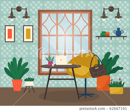 Cafe or Restaurant Interior with Table and Laptop 62687191