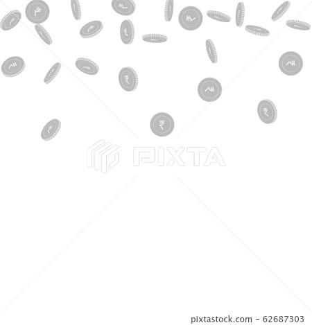Indian rupee coins falling. Scattered black and wh Indian rupee coins falling. Scattered black and wh 62687303