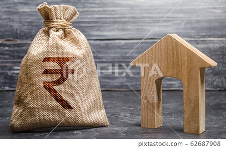 Indian rupee INR symbol money bag and house. Real estate purchase and investment. Affordable loan, mortgage. Taxes, rental income. rent or buy. Home budget. Maintenance of a residential building. 62687908