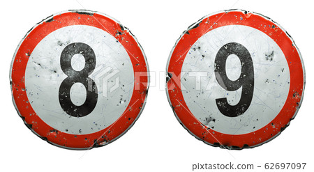 Set of public road signs in red and white with a numbers 8, 9 in the center isolated on white background. 3d 62697097