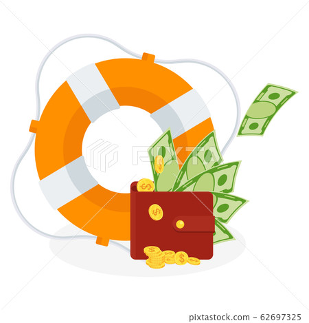 Flow of flying money in lifebuoy. Dollars in ring buoy. 62697325