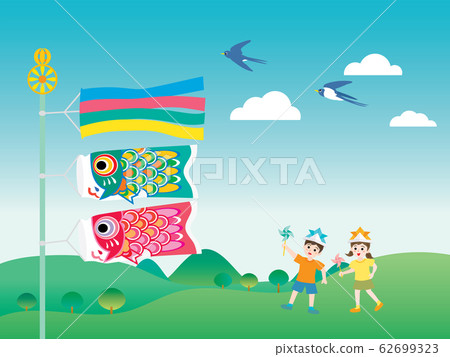 Scenery of carp streamers, children and satoyama on Children's Day Scenery of carp streamers, children and satoyama on Children's Day 62699323