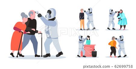 set specialist in hazmat suit checking temperature of people spreading coronavirus infection epidemic MERS-CoV virus wuhan 2019-nCoV pandemic health risk concept full length set specialist in hazmat suit checking temperature of people spreading coronavirus infection epidemic MERS-CoV virus wuhan 2019-nCoV pandemic health risk concept full length 62699758